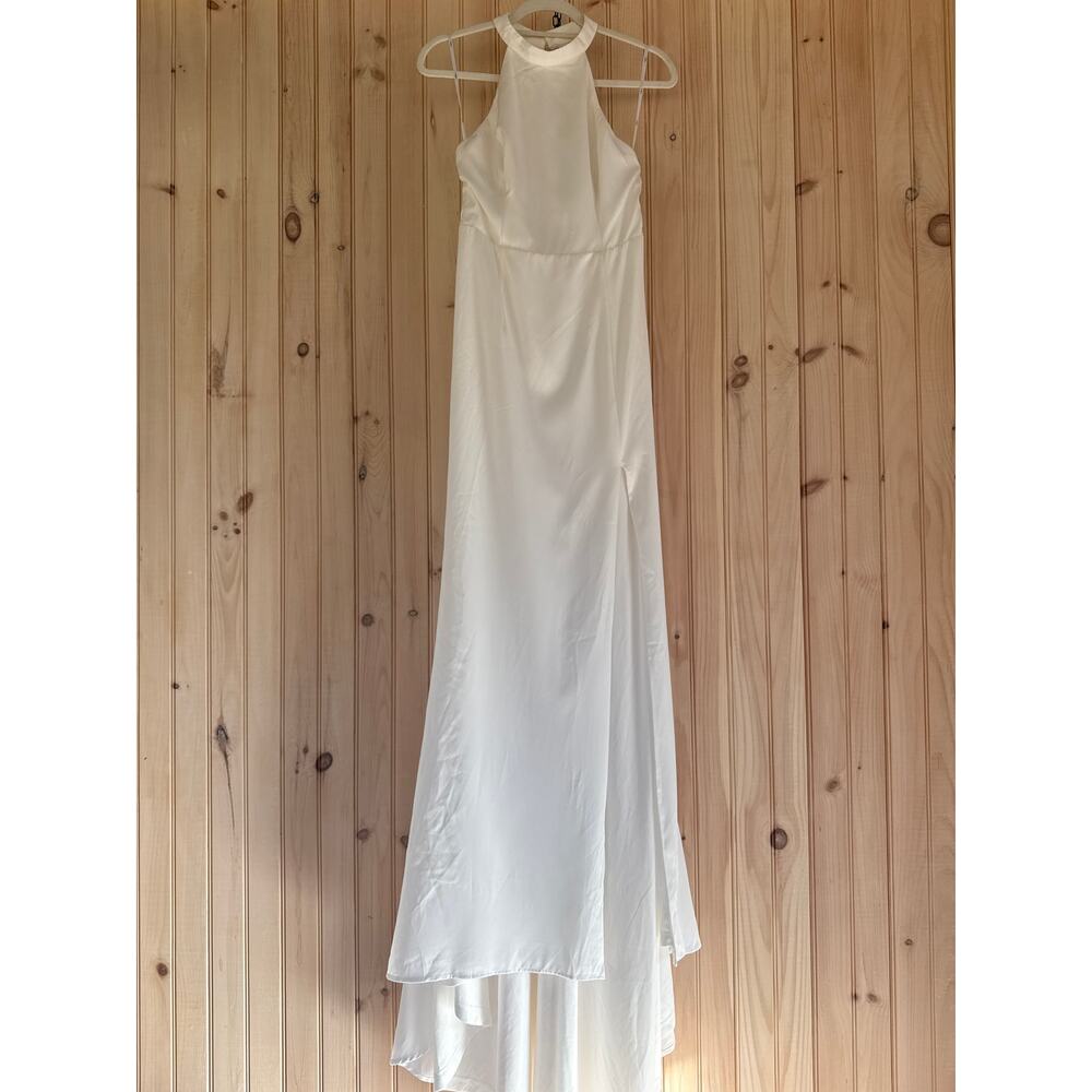 NWT Lulus Radiant Adoration White Satin Lace Backless Halter Maxi Dress Bridal M